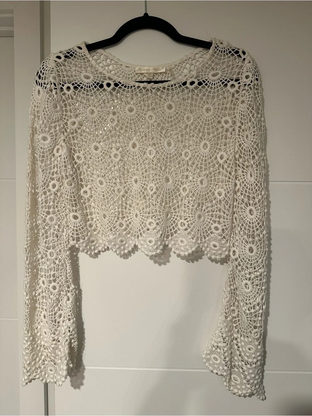 LoveShackFancy Ivory Crochet Lace Cropped Bell Sleeve Top Size S